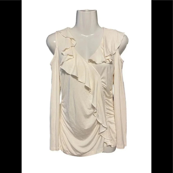 NWT Boston Proper Shirt Ruffle Front Cold Shoulder Off White - Picture 1 of 9